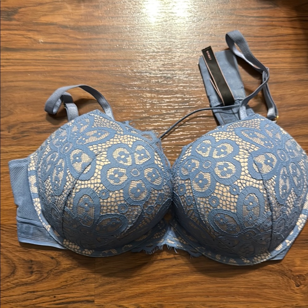 Dusty Blue Lace on Nude VS Bombshell Push Up Add 2 CupBra with Adjustable Straps